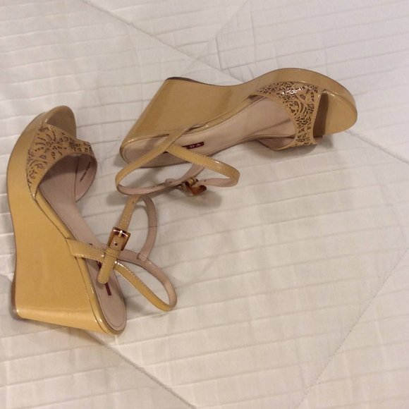 Prada Cutout Patent Leather Wedge Sandals - Picture 8 of 10